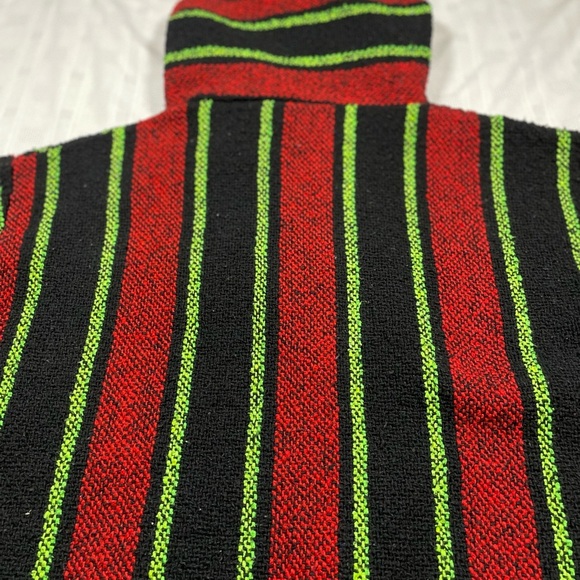 Vintage Mexican Baja Hoodie Pullover Striped Woven Sweater – Red Black Green - Picture 4 of 12